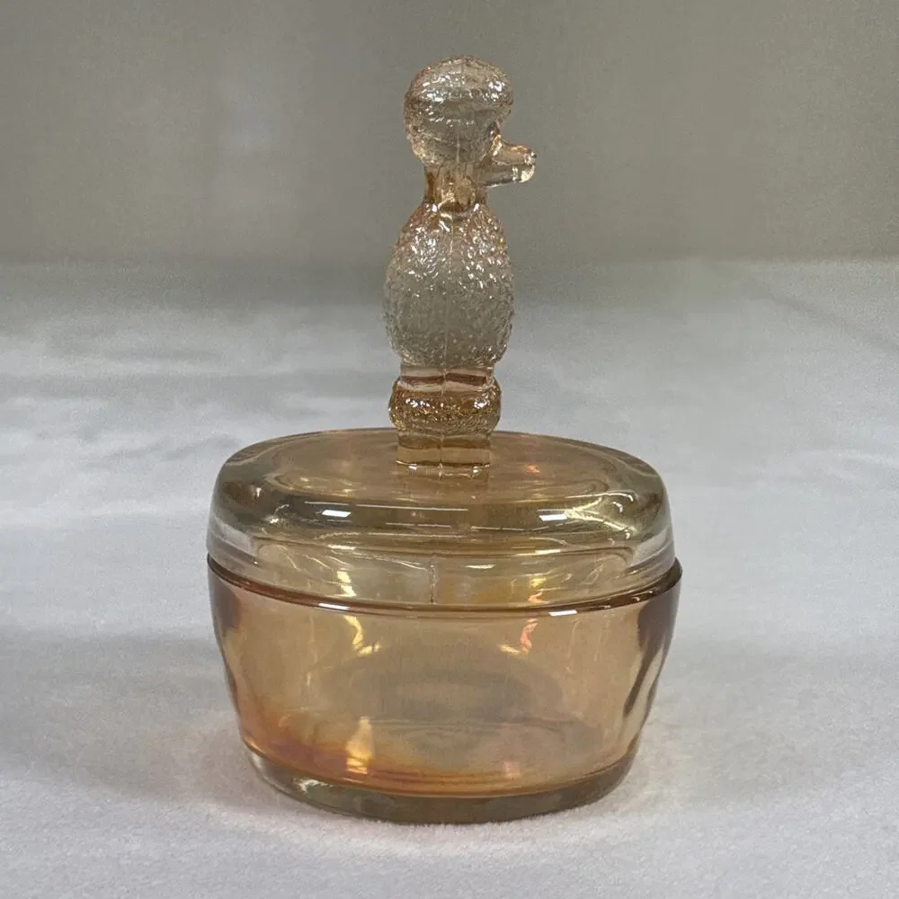 Vintage Jeanette Glass Iridescent Peach Lustre Poodle Dresser Box 6 1/2